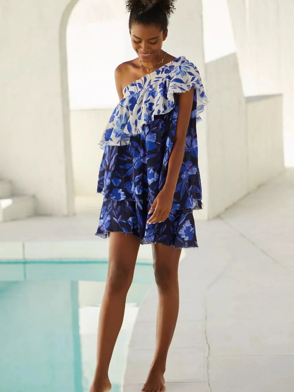 Anthropologie Floral One-Shoulder Ruffle Dress size XXS NWOT